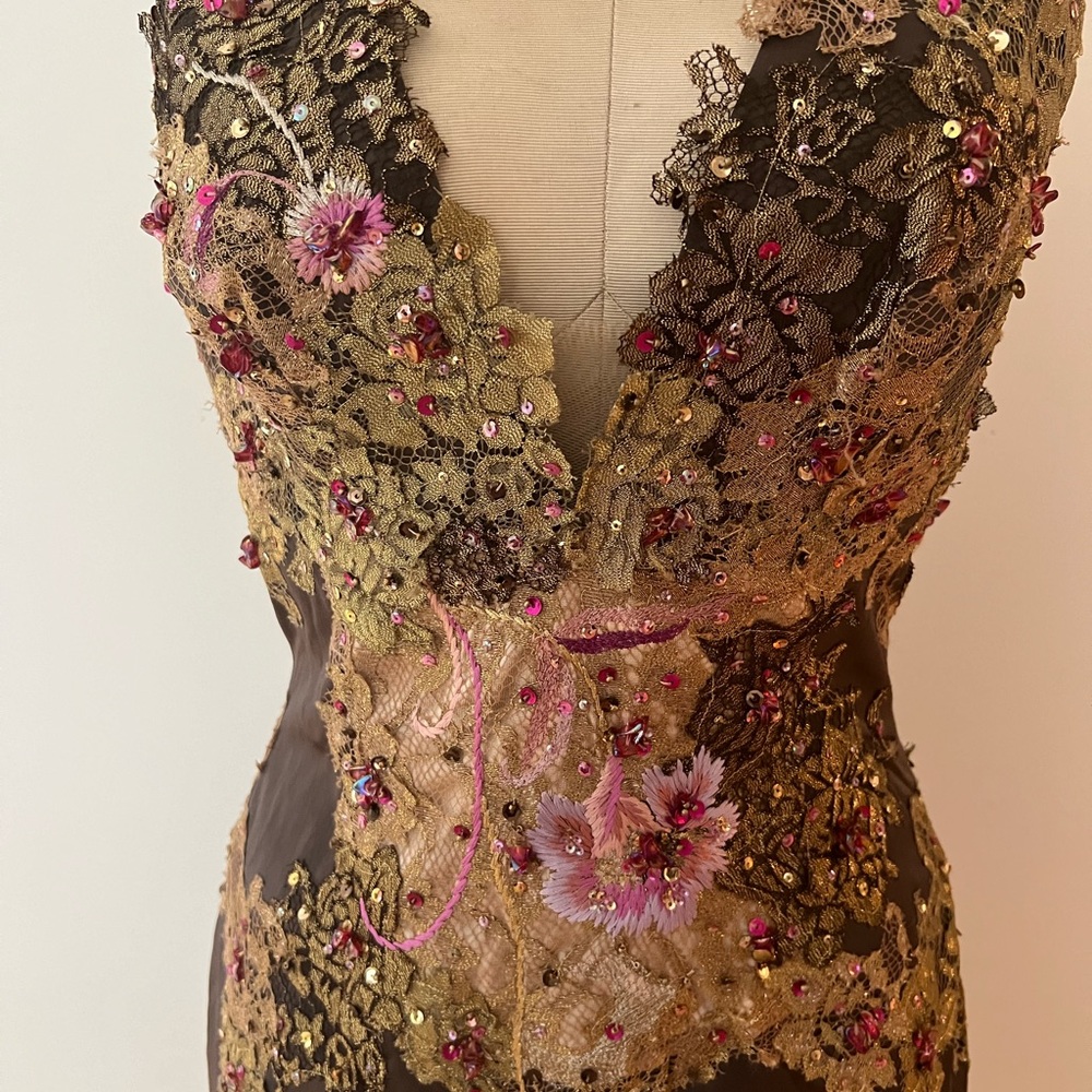 Julian Joyce Mandalay Chocolate Brown with gold lace beaded NOS Dress w/tags